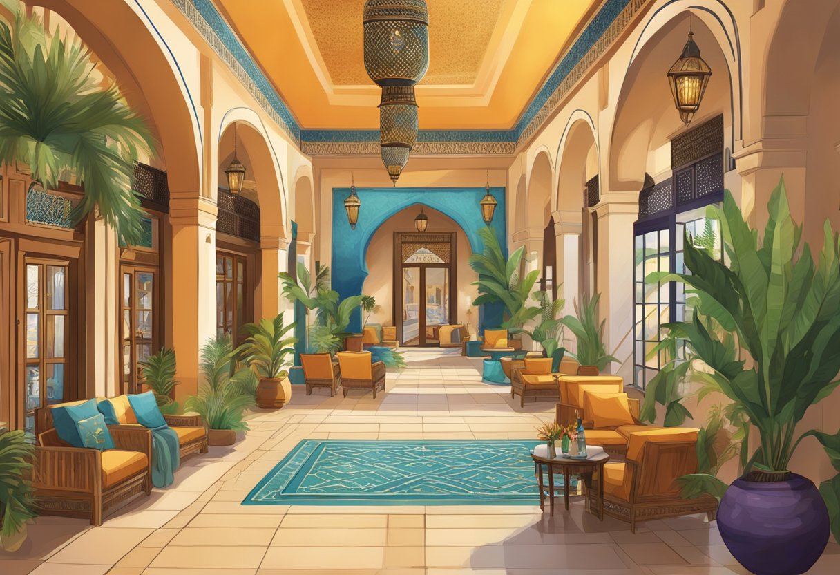 A bustling Moroccan hotel lobby welcomes tourists with vibrant decor and traditional architecture, showcasing the country's popularity as a tourist destination