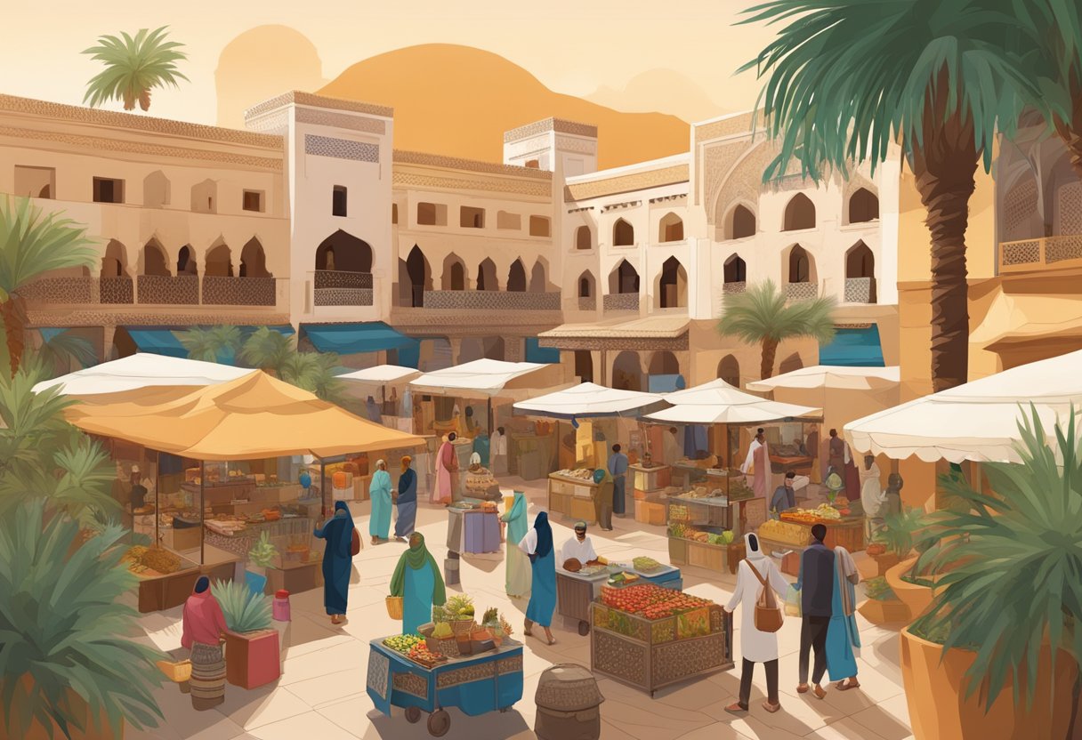 A bustling Moroccan hotel surrounded by vibrant markets and historic landmarks. Tourists engage in cultural experiences and outdoor activities