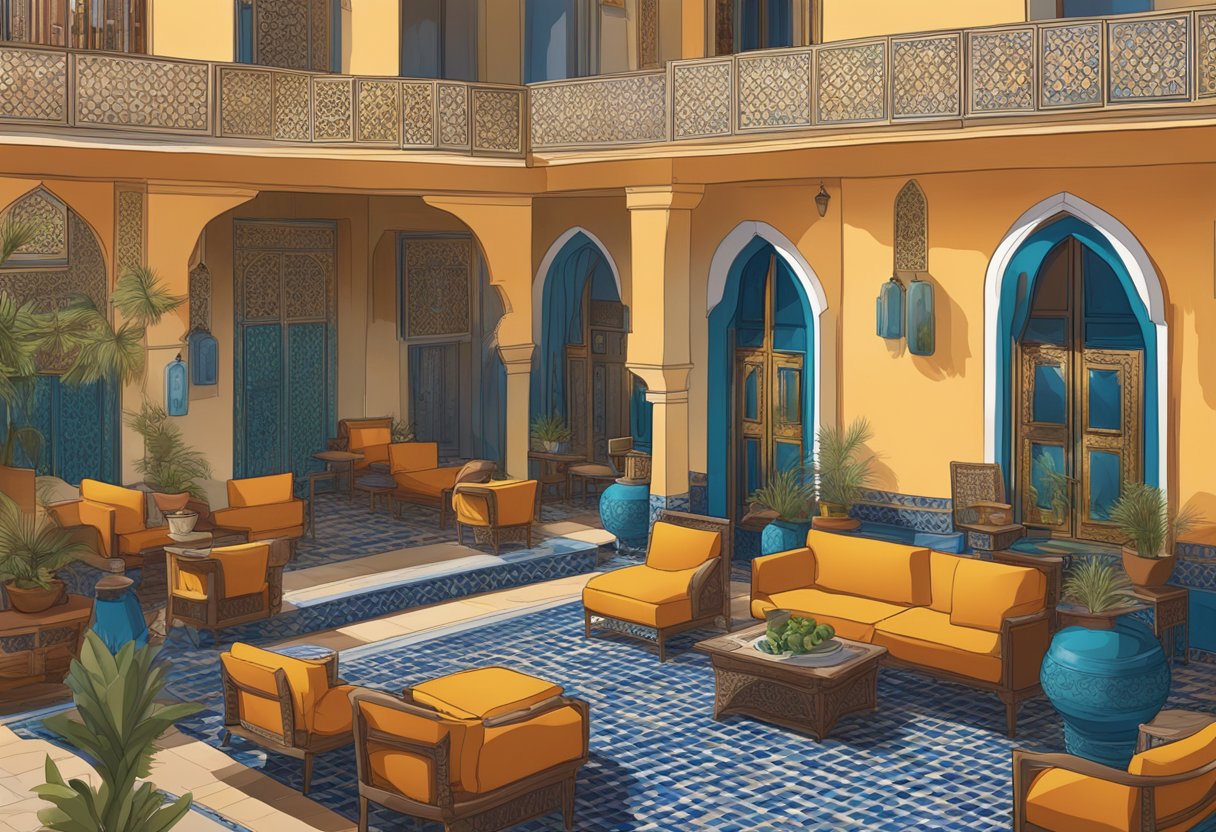 A bustling Moroccan hotel with vibrant colors and bustling activity